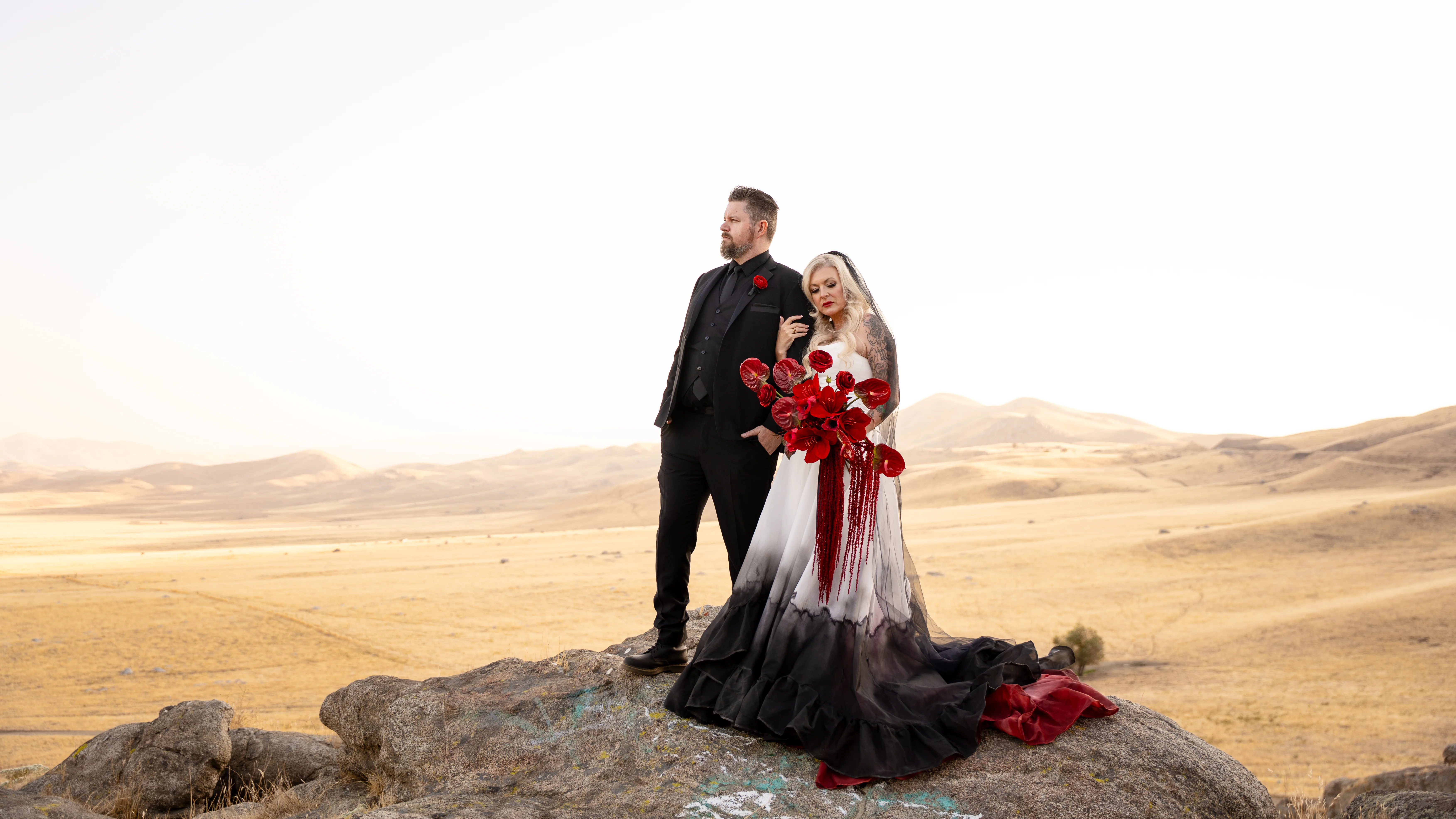 Jacinda in a white-to-black gown holds a red bouquet beside Matthew in a black suit, standing on a rock above golden hills.